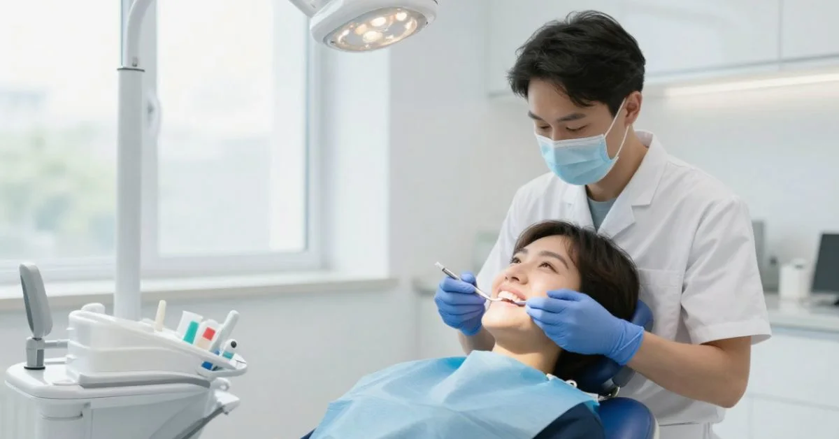 Dental professional applying whitening treatment to patient with gentle care